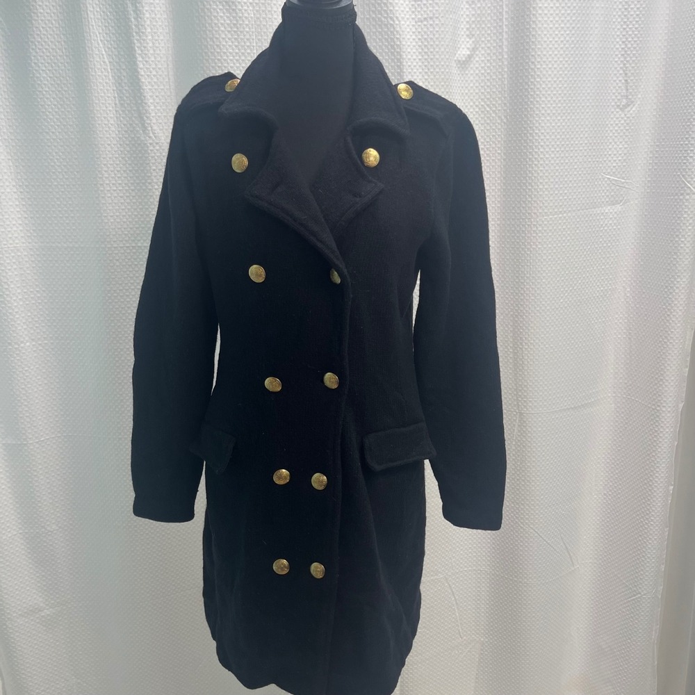 Chaps Black Lambswool Military Knit Coat Gold Crest Buttons Double Breasted L